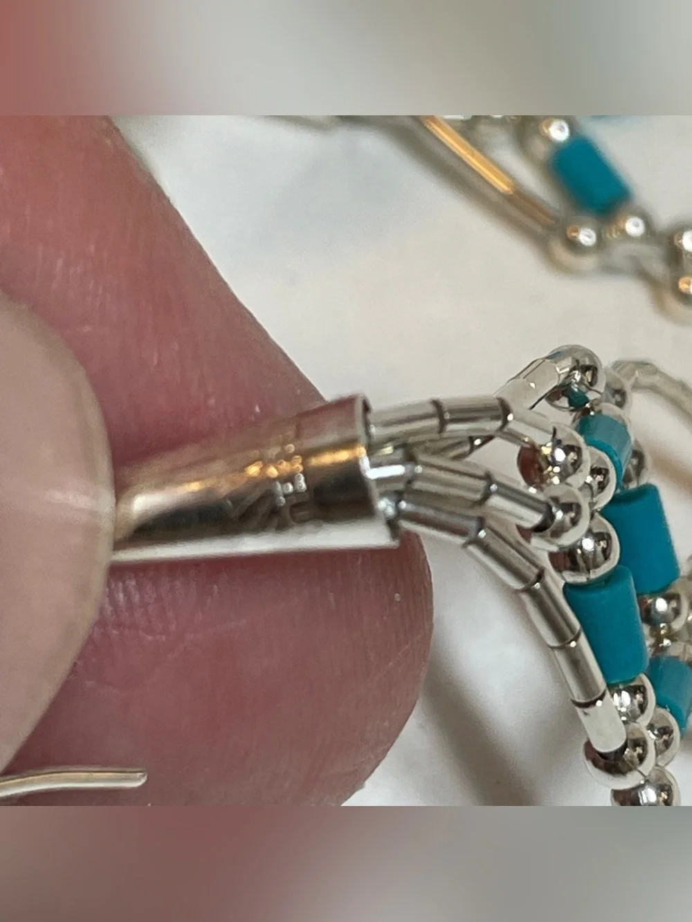 VTG Handmade Liquid Silver Heishi Turquoise Beads Dangle Hook Earrings READ